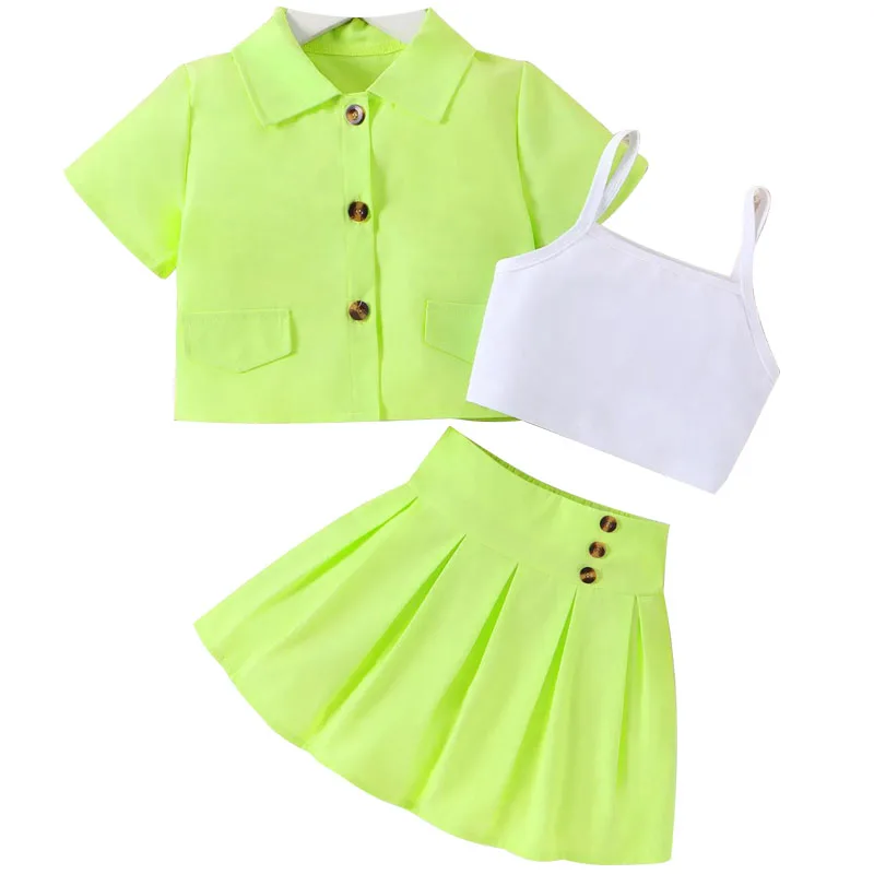 Conjuntos de 3 piezas, ropa de verano para niño niña, moda coreana, Tops de manga corta sólidos para bebé, chaleco y falda, ropa de boutique para niños B130 2025