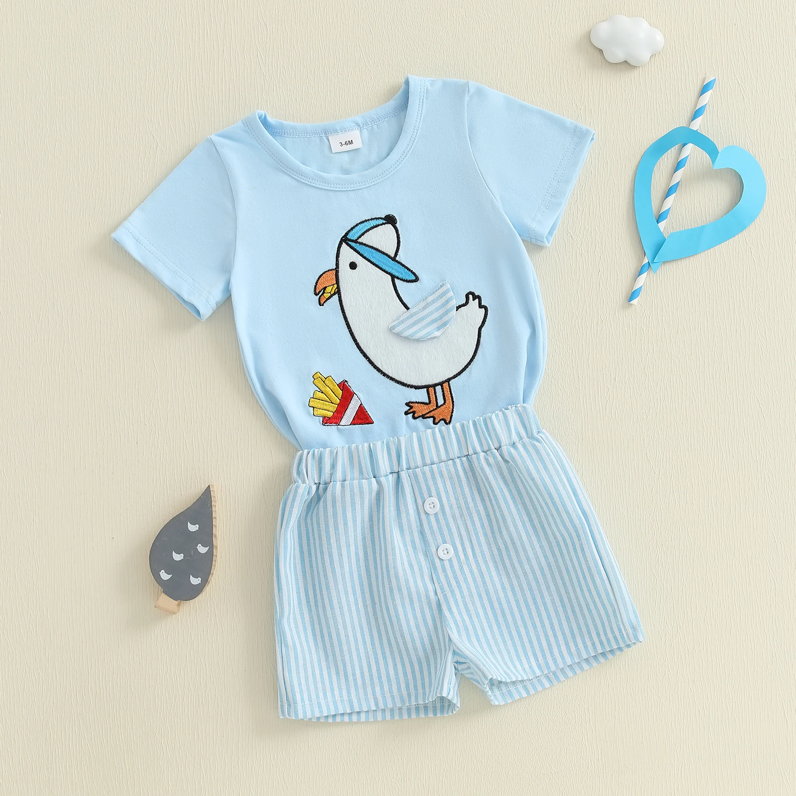 VISgogo-Conjunto de verano para bebé de 1 a 4 años, camiseta de manga corta con cuello redondo y pantalones cortos a rayas, conjunto de 2 uds. - imagen 4