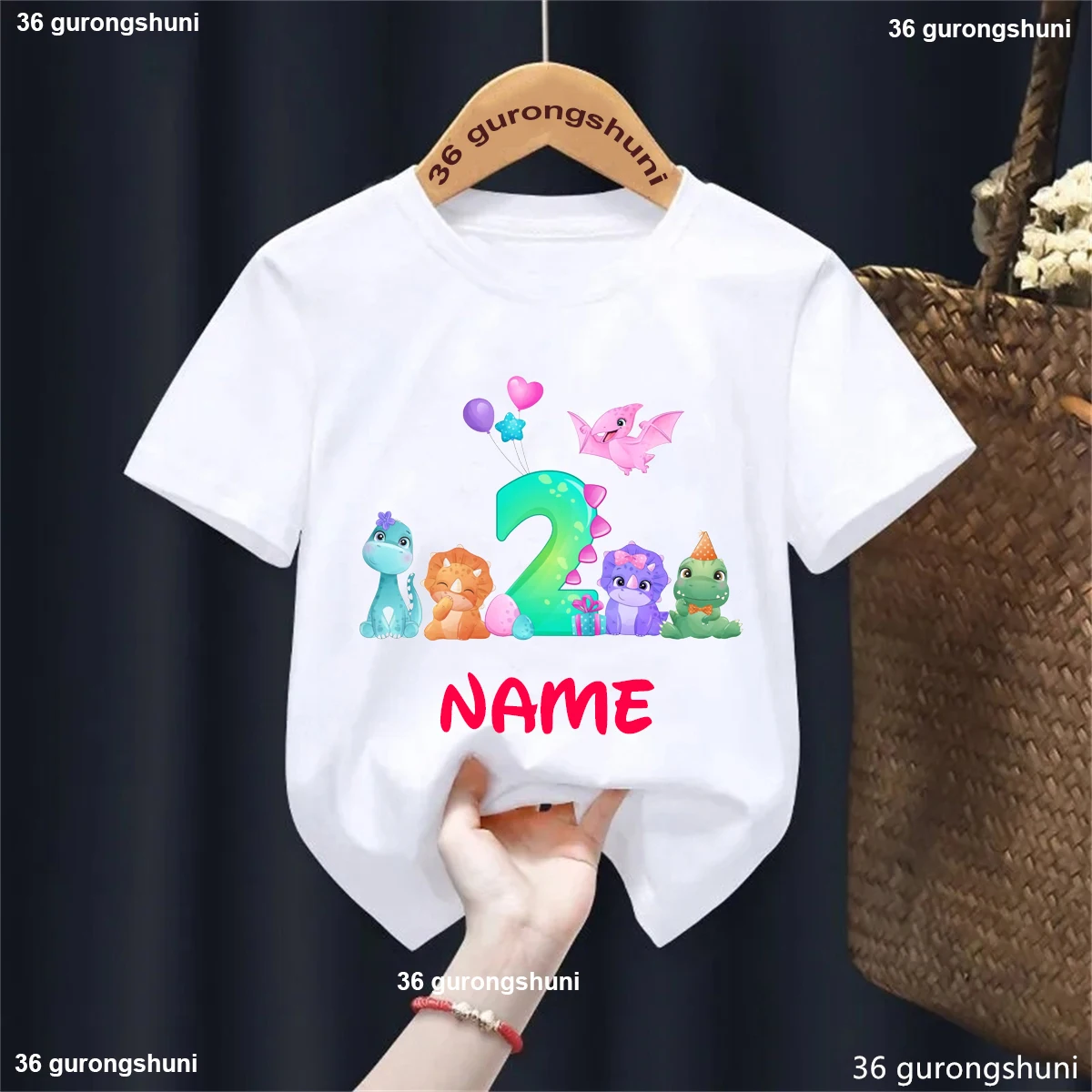 Camiseta con estampado de globos de dinosaurio y nombre personalizado para niñas/niños, ropa divertida de dinosaurio t-rex para niños pequeños, camiseta lisa Kawaii de verano