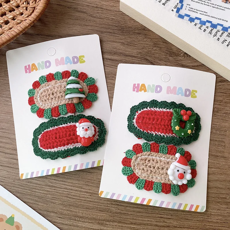 2 unids/set de pinzas para el cabello navideñas, horquillas tejidas de ganchillo con muñeco de nieve, pinzas para el cabello de encaje ovaladas de dibujos animados para niñas y niños, accesorios para niños pequeños - imagen 4