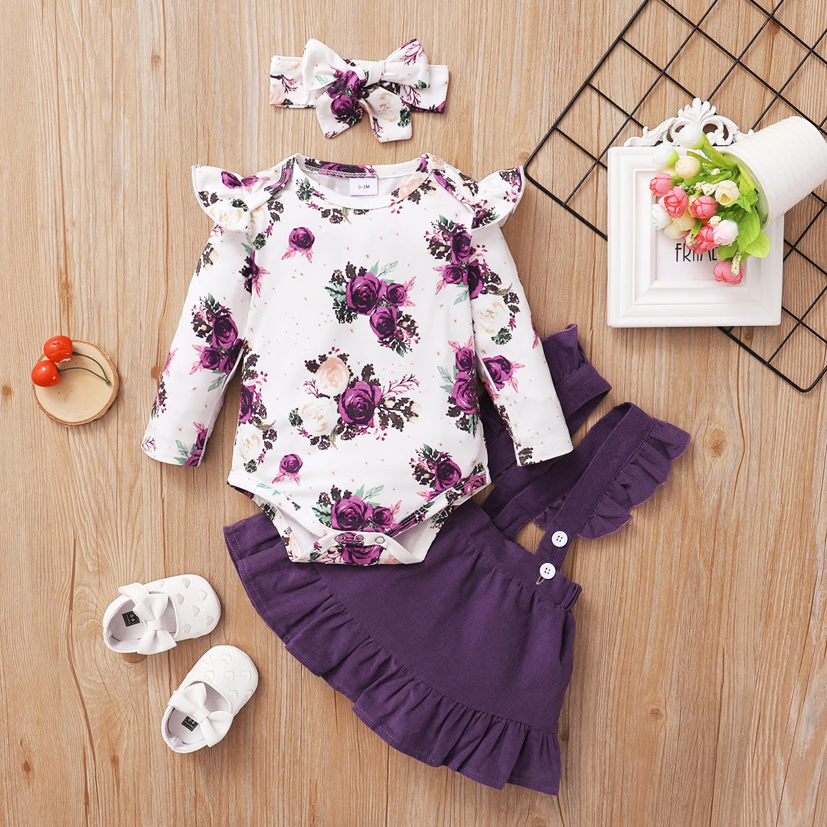 Conjunto de ropa para niña recién nacida de 0 a 18 meses, Pelele de manga larga con estampado Floral, falda con tirantes y Diadema, Bonito traje de 3 piezas - imagen 2