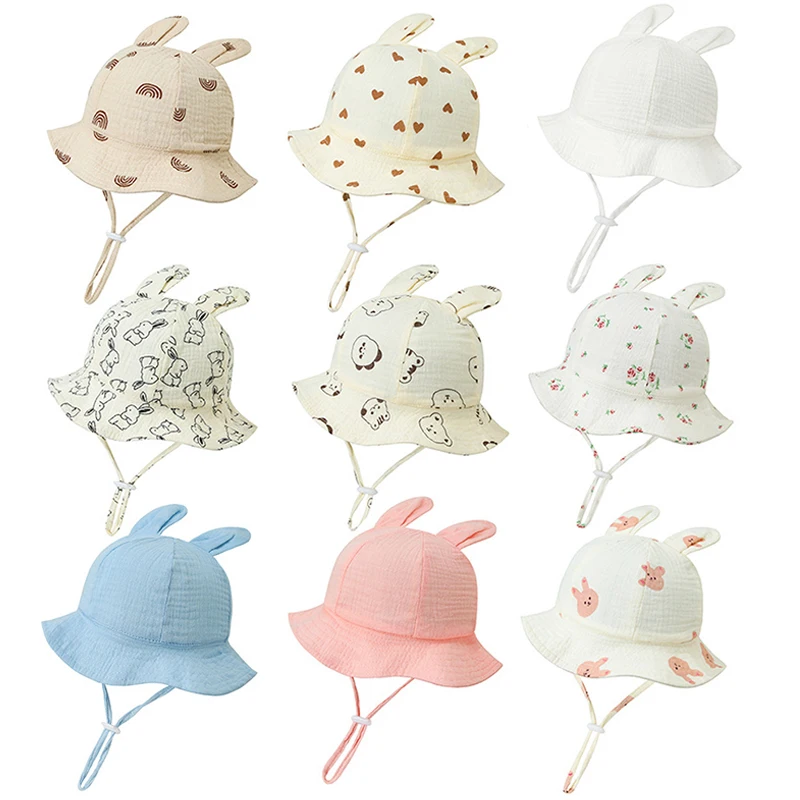 Sombrero de muselina con orejas de conejo para bebé, sombrero de cubo de dibujos animados para niños, niñas, niños pequeños, gorra de sol infantil, accesorios para bebés de 0 a 12M