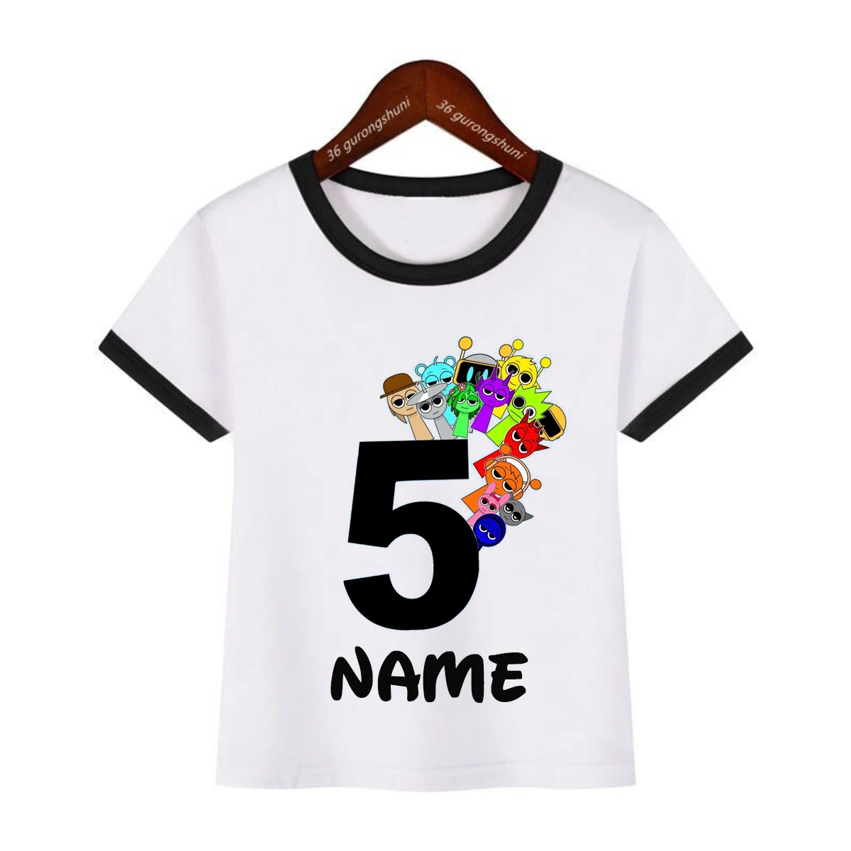 Camiseta con estampado con dibujo de Sprunki para niños y niñas, ropa Kawaii con nombre personalizado, camiseta de Hip Hop para amantes de la música, regalo de 5. ° cumpleaños - imagen 3