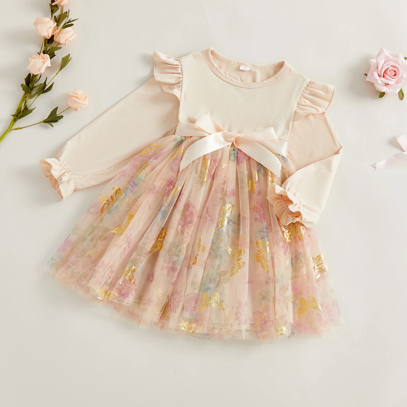 Tregren vestido princesa niña de tul mariposas con cinturón lazo
