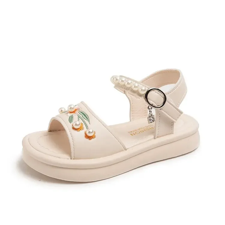 Sandalias para niñas, novedad de verano 2021, zapatos de princesa bordados a la moda para niños para vacaciones, zapatos de playa antideslizantes para niños con perlas - imagen 5