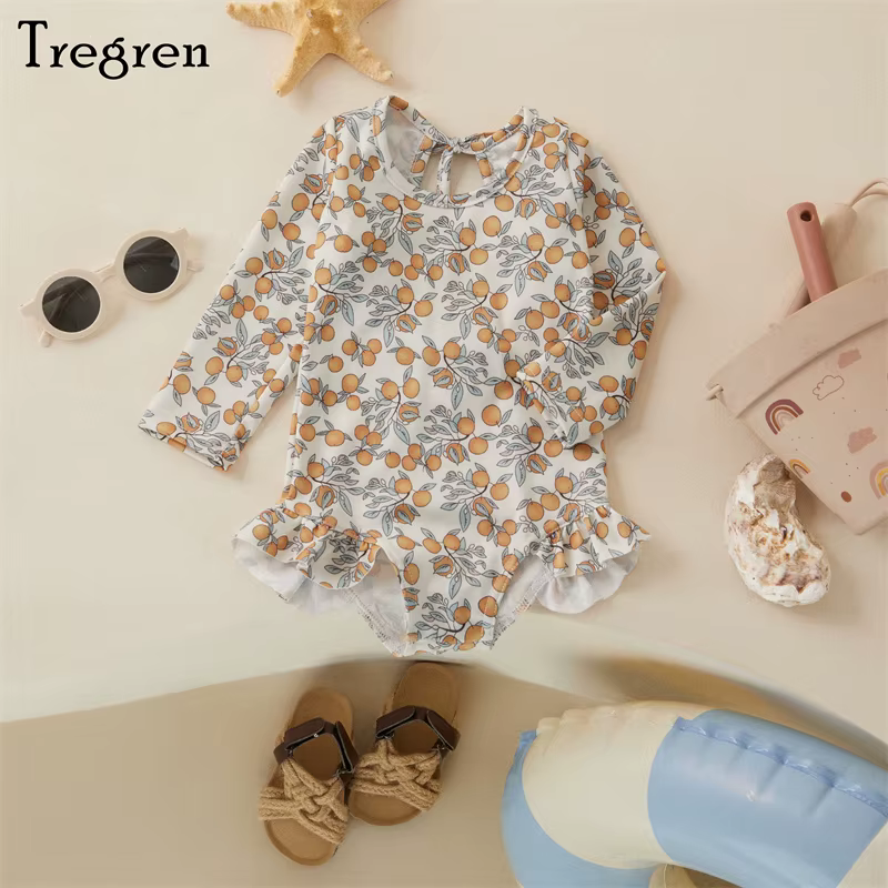 Tregren Bañador manga larga niña estampado floral con volantes