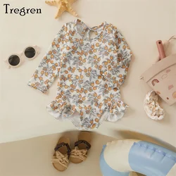 Tregren Bañador manga larga niña estampado floral con volantes