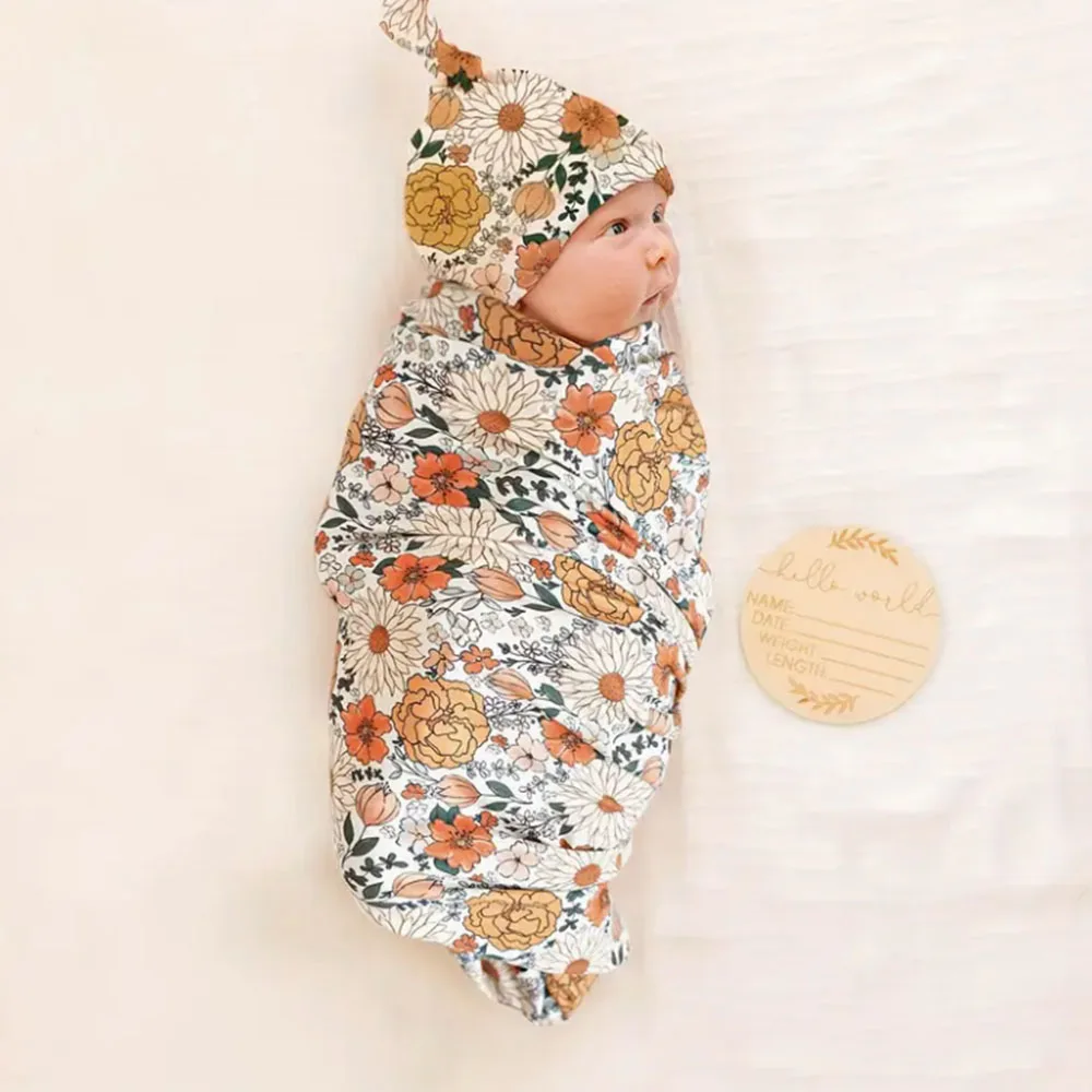 Conjunto de manta para recién nacido con gorro y lazo a juego, tarjeta de anuncio de nacimiento, mantas florales para bebé recién nacido
