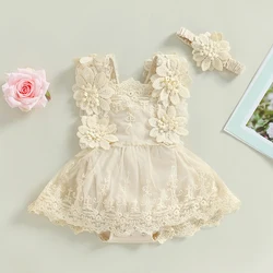 VISgogo Vestido mameluco floral niña – Encaje y diadema
