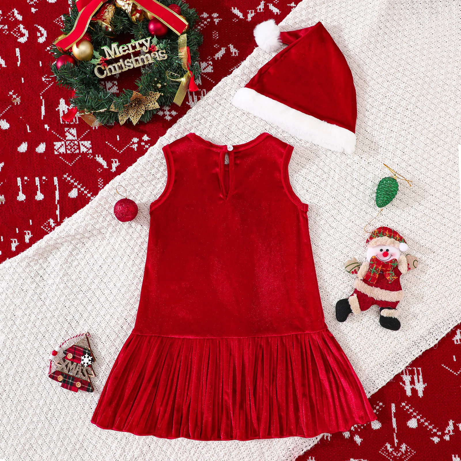 Conjunto de 2 piezas de vestidos de Navidad para niñas, vestido de princesa de lana sin mangas con estampado bonito + sombrero, ropa de Boutique para niños B253 - imagen 2