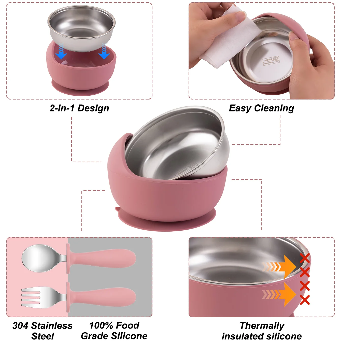 Set alimentación bebé de silicona y acero inoxidable sin BPA - imagen 5