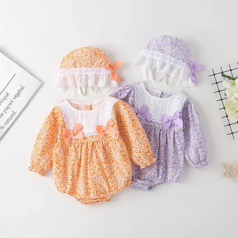 Body de verano para niñas recién nacidas, moda coreana, bonito lazo, flores, encaje, monos de manga larga de algodón + sombrero, ropa para bebés BC1836 - imagen 4