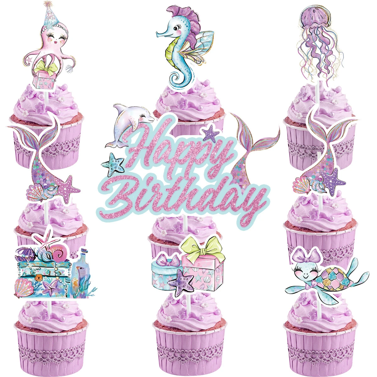 Decoración de decoración de tarta de cumpleaños con temática de sirena, decoración de cola de sirena, decoración de tarta de feliz cumpleaños para tarta de cumpleaños, suministros para fiesta de bienvenida de bebé - imagen 4