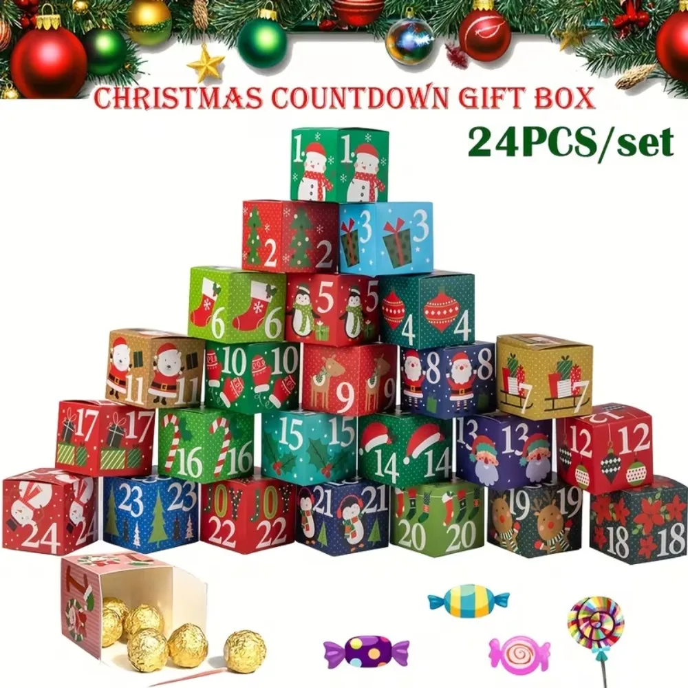 24 Uds. Cajas de calendario de Adviento de Navidad DIY calendario de cuenta regresiva de 24 días regalo para adultos niños cajas de números de cartón de Navidad