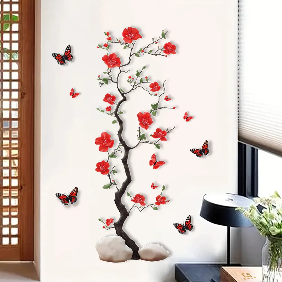 Pegatinas de pared autoadhesivas de mariposa y flor de ciruelo para dormitorio, sala de estar, sala de té, pegatinas de pared para decoración del hogar