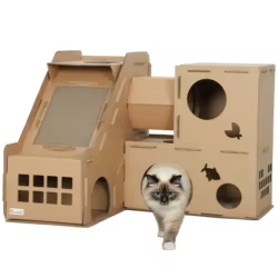 PawHut Casa para Gatos de Cartón, Forma Castillo, Rascador para Gatos de 2 Niveles con 3 Zonas de Rascado, Túnel, Rampa, Incluye Hierba, para Interior, Marrón