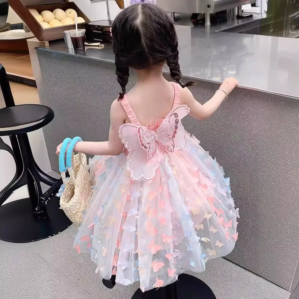 Vestido de verano para niñas pequeñas, dulce princesa, bordado de flores, volantes, sin mangas, lazo, tul, vestido de fiesta para niños pequeños con alas - imagen 2