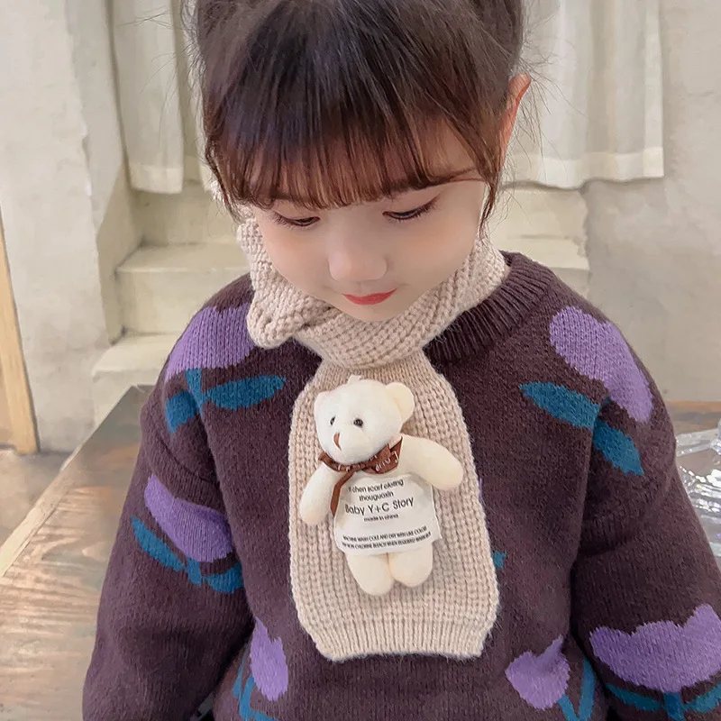 Bufanda cruzada con etiqueta de tela de oso para bebé, bufandas de punto cálidas para otoño e invierno, bufanda suave con anillo para el cuello para niños y niñas - imagen 2