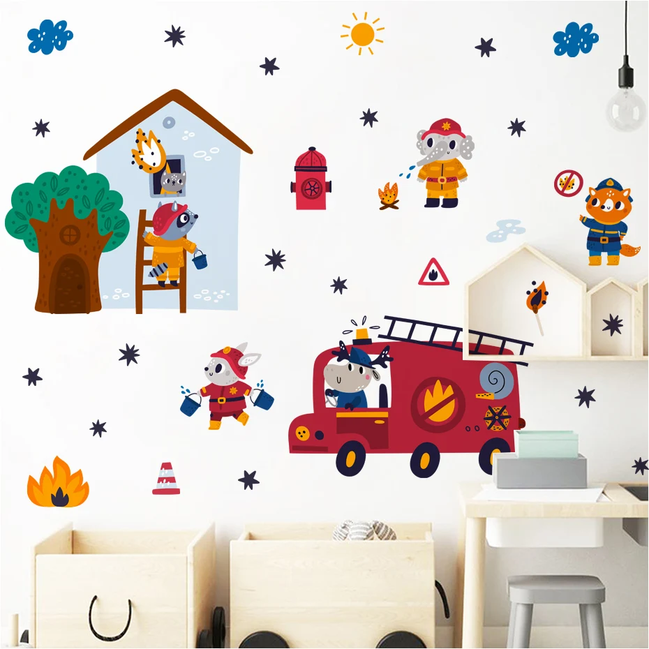 Pegatina de pared: animales bomberos para dormitorio infantil - imagen 2