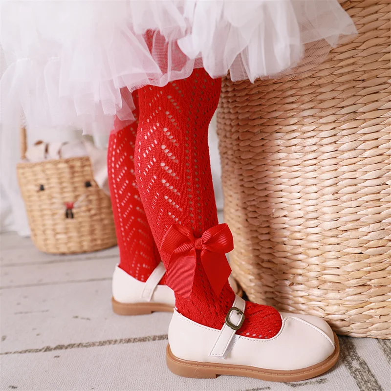 Medias de encaje para niñas, mallas finas de malla de verano para bebés y niñas, pantimedias ajustadas de algodón elegantes para niños, mallas ajustadas con lazo - imagen 3