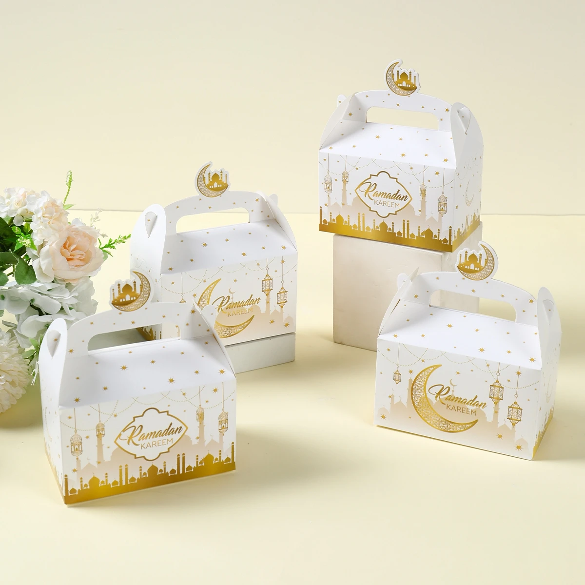Caja de regalo de dulces Eid Mubarak, caja de embalaje blanca y negra, decoración de Ramadán, suministros festivos para fiestas musulmanas islámicas, 4 Uds. - imagen 2