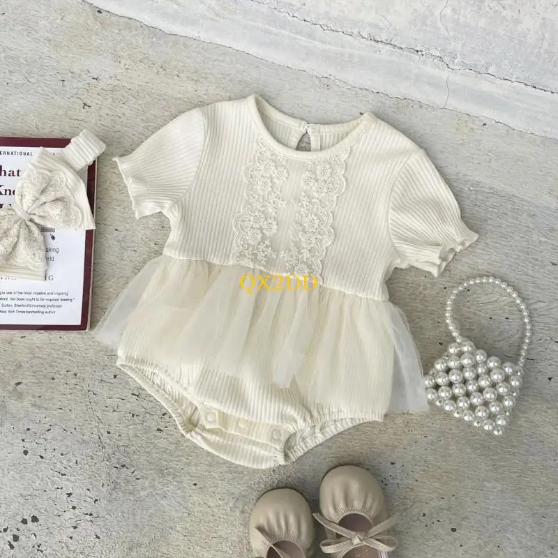 QX2D-ropa para fotografía niña, mono manga corta, disfraz para recién nacido, pelele pieza, diadema con lazo, traje