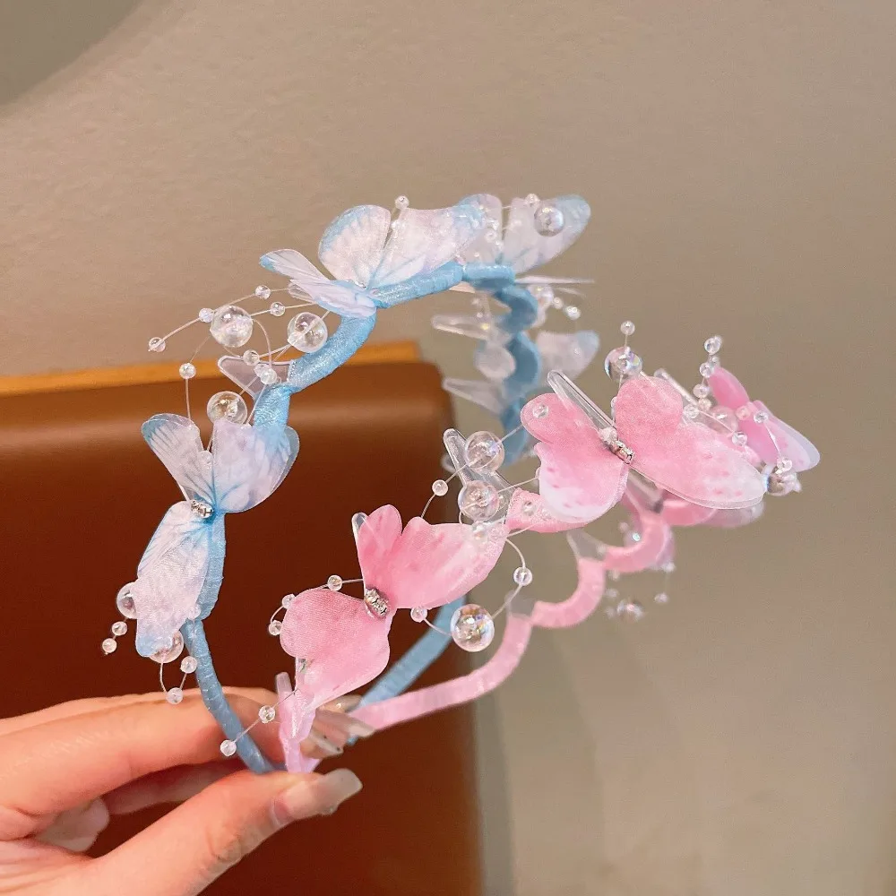 Aros para el cabello con perlas y mariposas de hadas brillantes, diadema de princesa para niños, diadema antideslizante ondulada, sombreros para niñas, accesorios para el cabello para niños - imagen 4
