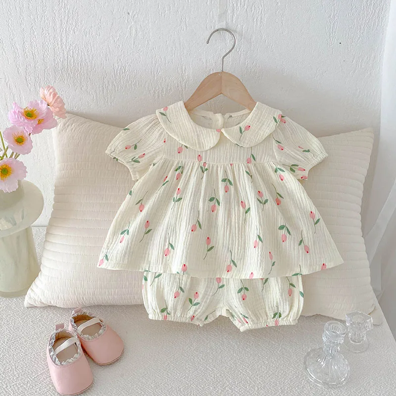 New Summer Infant Tulip Bodysuit with Hair Band 0-3T Cute Printing Flower Girls Shirt +Shorts Clothes Set - imagen 4