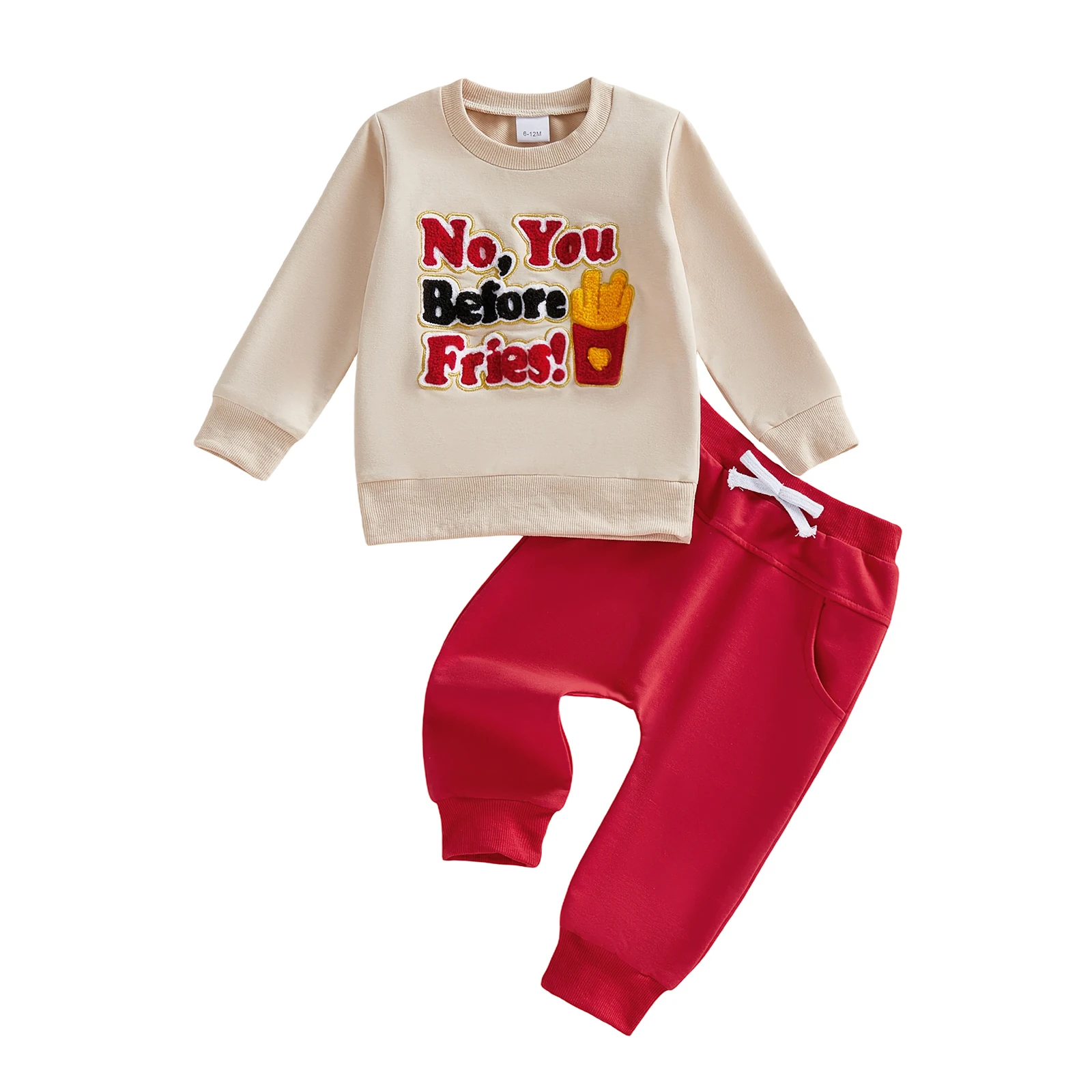 Tenues de printemps pour tout-petits garçons, pull à manches longues + pantalon uni avec lettres brodées de frites - imagen 3