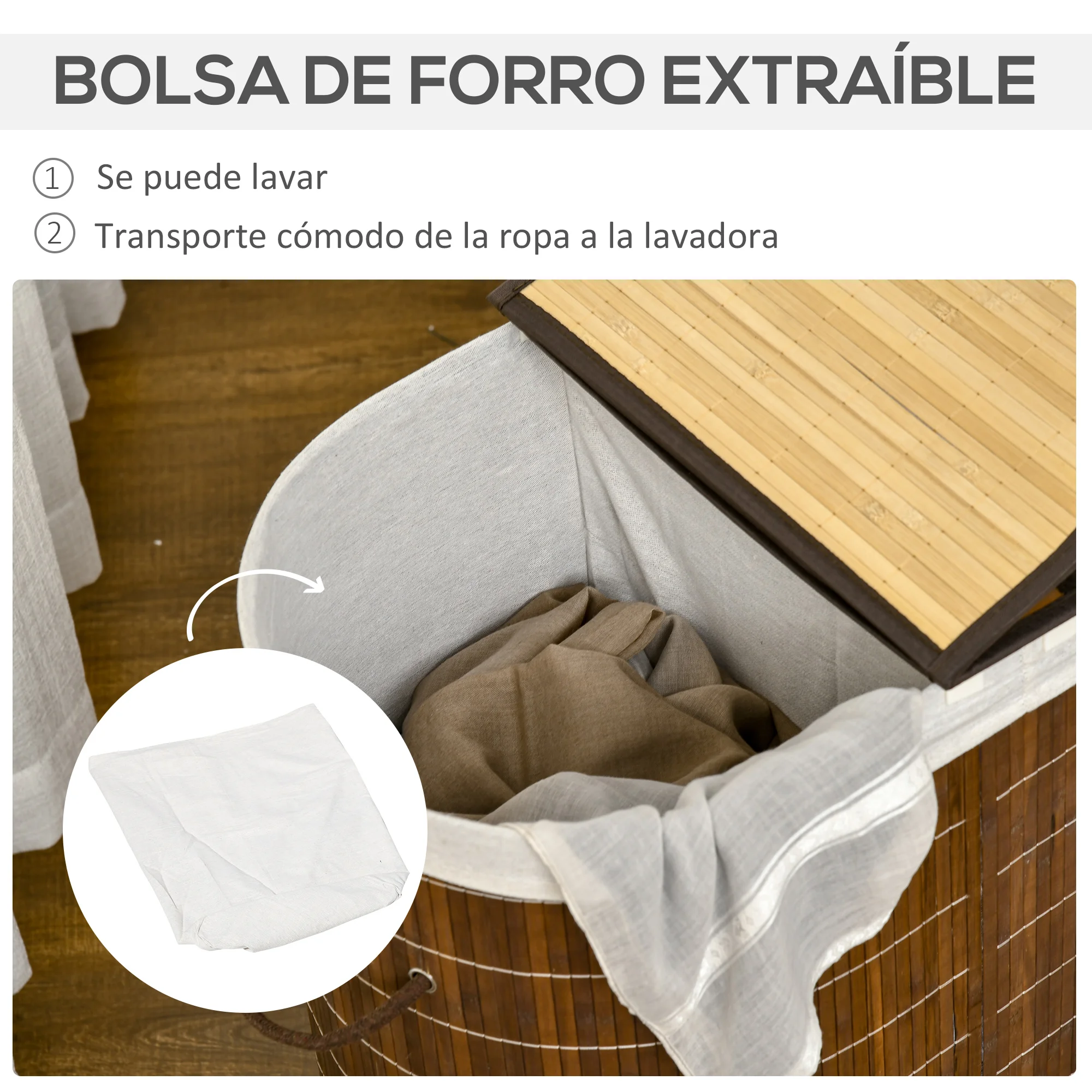 HOMCOM Cesto para Ropa Sucia de Bambú Capacidad de 100L Cesta para la Colada con Tapa Abatible y Bolsa de 2 Compartimentos Extraíble 62,5x37x60,5 cm Marrón - imagen 5
