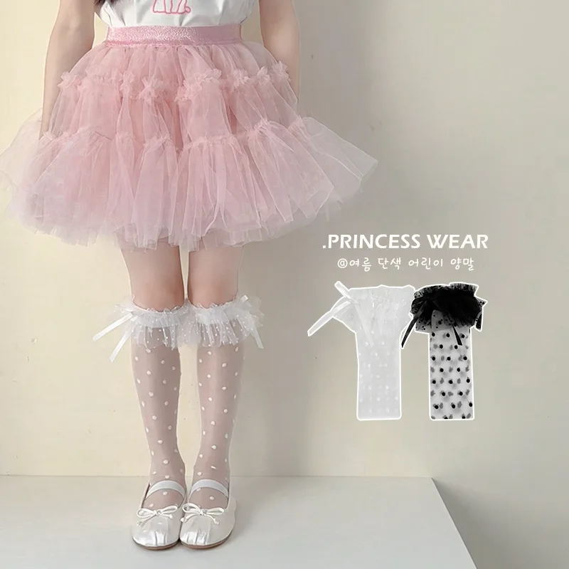 Calcetines Lolita para niñas, calcetines hasta la rodilla de verano con adorno de encaje, medias con patrón de puntos blancos y negros, calcetines bonitos de princesa para piernas de bebé para niños - imagen 2