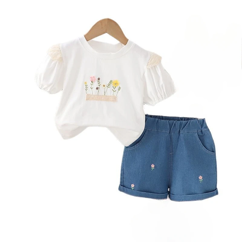 Nueva ropa de verano para bebés, traje para niñas, camiseta de manga corta, pantalones cortos, 2 unids/set, ropa para niños, disfraz informal de algodón para niños pequeños
