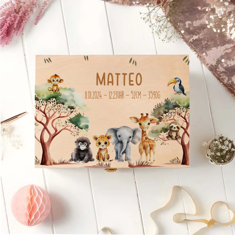 Caja de recuerdos personalizada, cajas de memoria con nombre personalizado, estampado de animales de arcoíris, caja de recuerdos de madera para niños, regalo de ducha de cumpleaños personalizado para niños - imagen 5