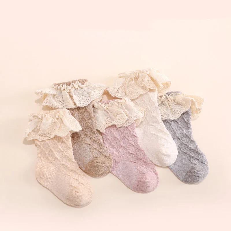 Milangel-Calcetines de malla para bebé de 0 a 5 años, medias de tubo medio para niña, calcetines de retazos de algodón con encaje, 3 pares por lote, novedad de 2024