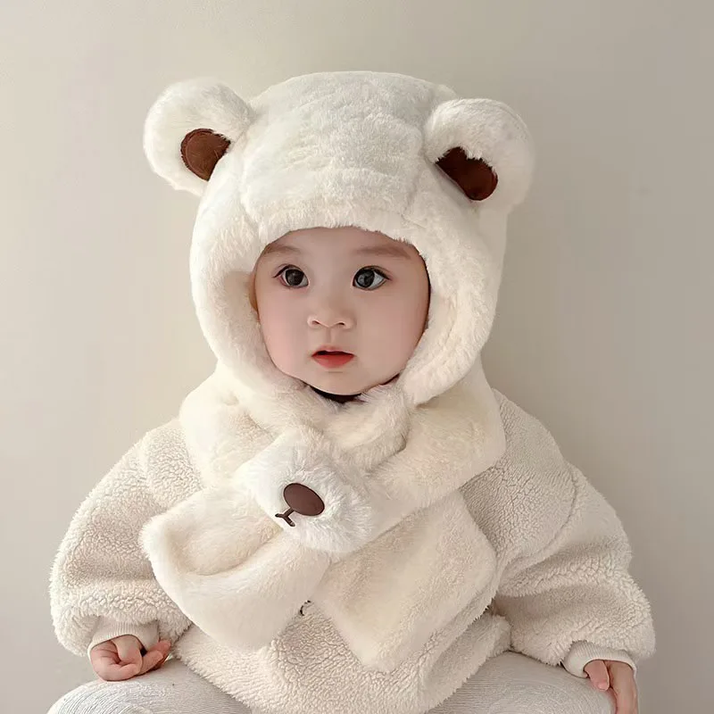 Gorro con protección para los oídos para niños de invierno, 1-3T, oso de dibujos animados, gorro y bufanda cálidos para niñas, gorro dulce integrado para niños pequeños - imagen 3