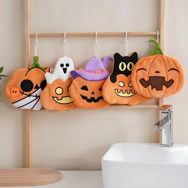 1/5 Uds. Toallas de mano de Halloween, toalla de pirata fantasma de calabaza de lana Coral ultraabsorbente con lazo colgante para el hogar y la cocina - imagen 4