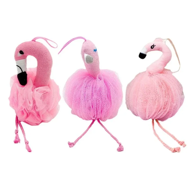 Esponjas de baño de flamenco para niños, PUF de baño de lufa, juguete de animales de malla, esponja de baño, bolas de depurador corporal coloridas, malla de ducha para niños - imagen 3