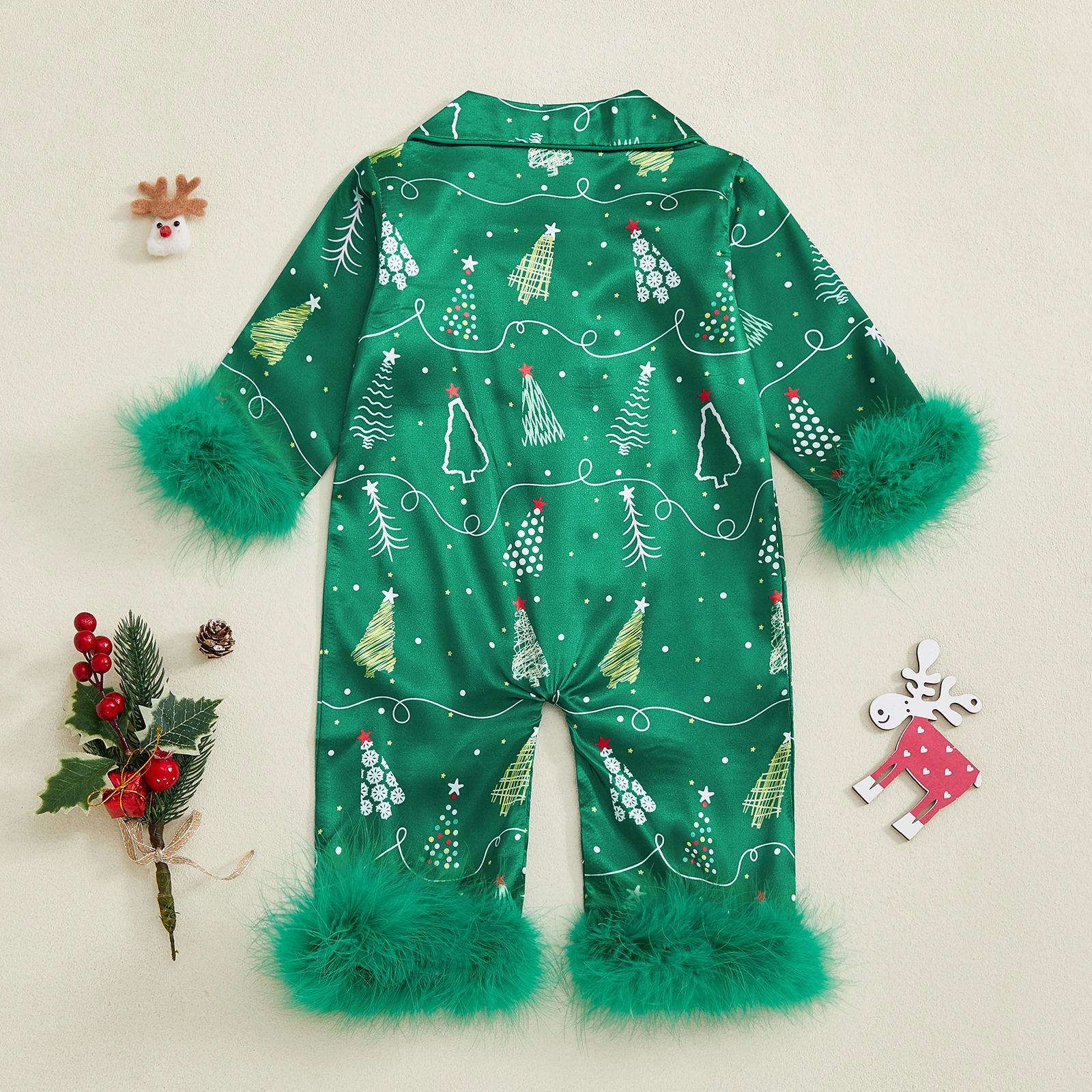 Pijamas navideños para niña de 0 a 24 meses, pijamas de manga larga con solapa y botones, monos con estampado de elementos navideños - imagen 3