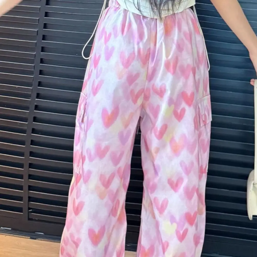Pantalones Cargo holgados con múltiples bolsillos, pantalones para correr Y2k, pantalones de pierna ancha, pantalones con estampado de corazón y cordón de cintura alta, ropa de calle para chica - imagen 5