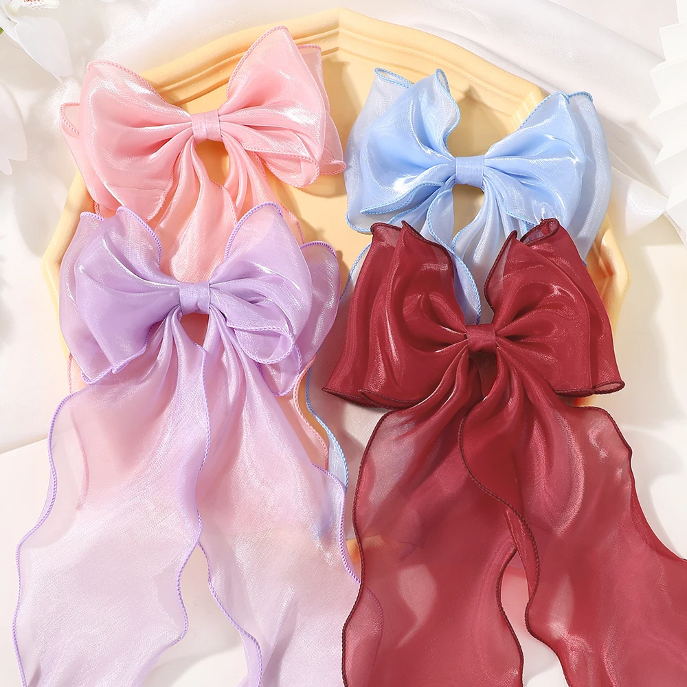 Pinzas para el cabello con lazo de gasa para niña, pinzas para el cabello con lazo de satén brillante azul, pasador con lazo, horquilla, Clip para cola de caballo