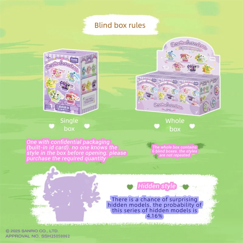 Sanrio cesta de flores en maceta, bloques de construcción Hello Kitty Kuromi, bonsái, bloques en miniatura, adornos de escritorio, caja ciega sorpresa, regalos - imagen 4