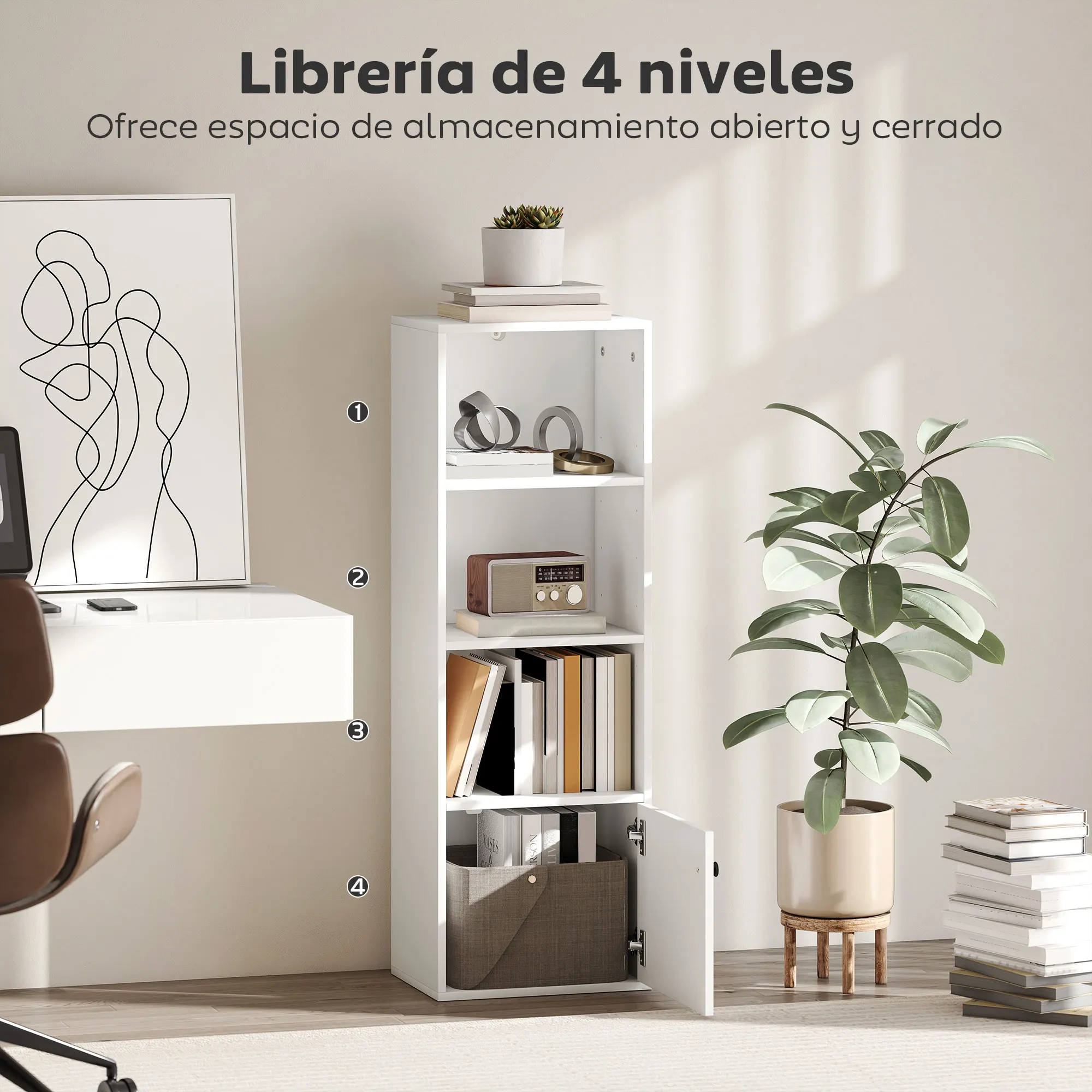 HOMCOM Librería de 4 Niveles, Estantería para Libros con Estantes Ajustables y Puerta, Estantería Moderna, 40x30x120 cm, para Salón, Dormitorio, Estudio, Oficina, Blanco - imagen 3