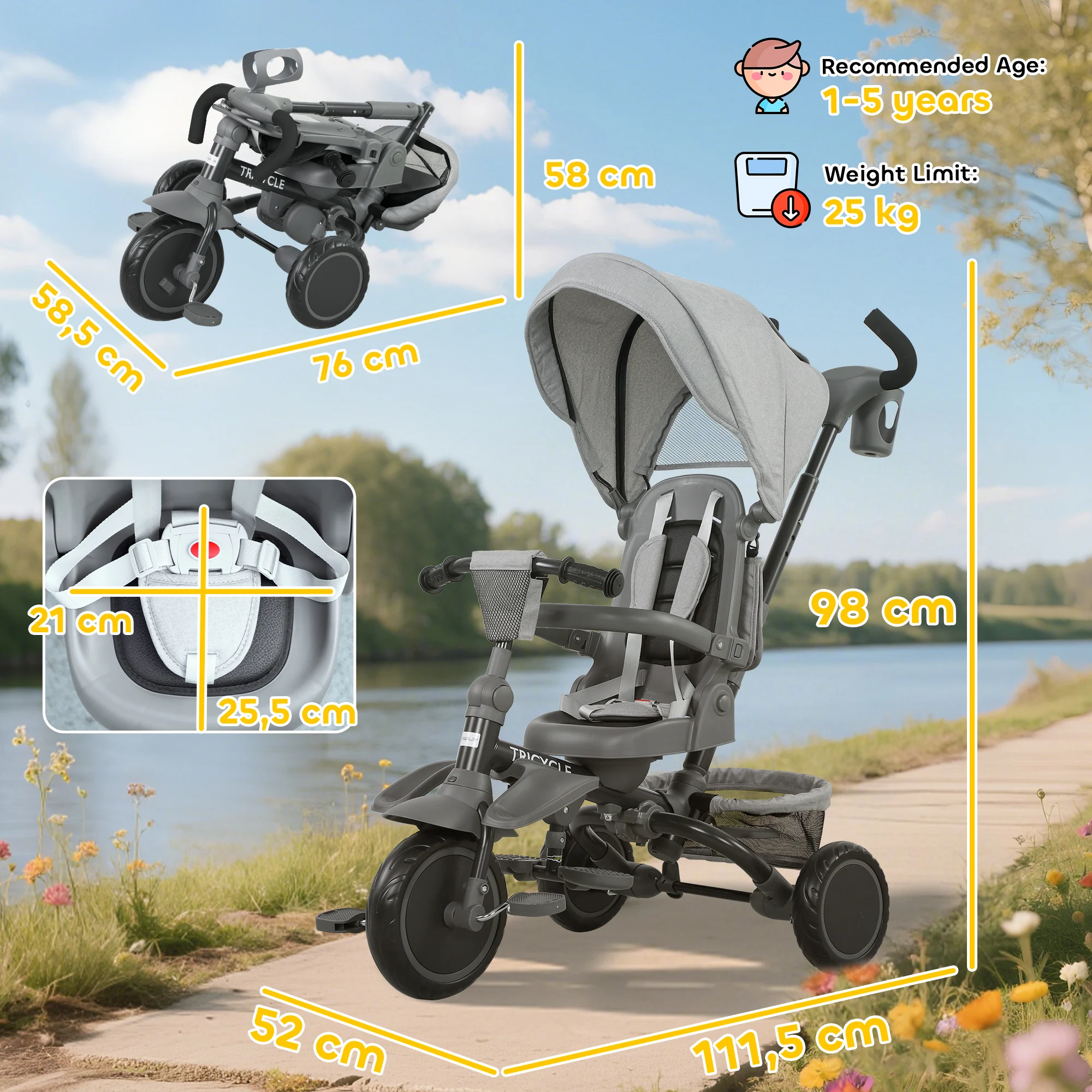 AIYAPLAY Triciclo Evolutivo 6 en 1, Triciclo para Bebés Plegable, 1-5 Años, Asiento Giratorio de 360°, Mango Parental, Respaldo Reclinable, Toldo, Cinturón de Seguridad, Cesta, Reposapiés - imagen 3