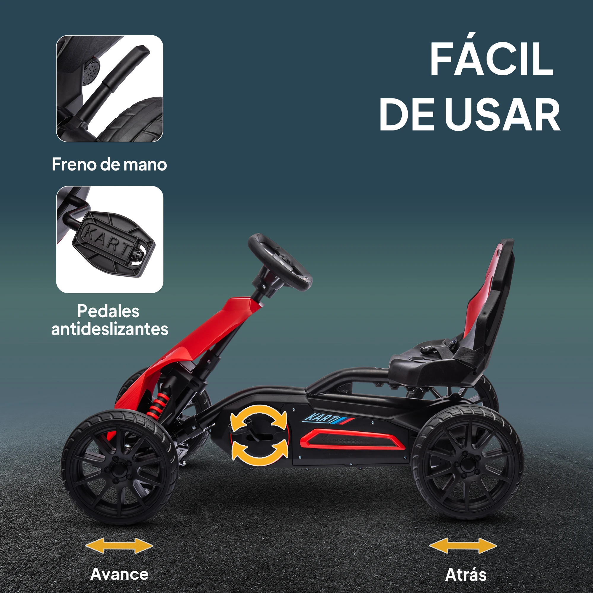 HOMCOM Kart Pedales Go Kart a Pedales para Niños de 3-8 Años con Asiento Ajustable en 4 Posiciones Freno de Mano y Ruedas de EVA Carga 30 kg Rojo - imagen 5