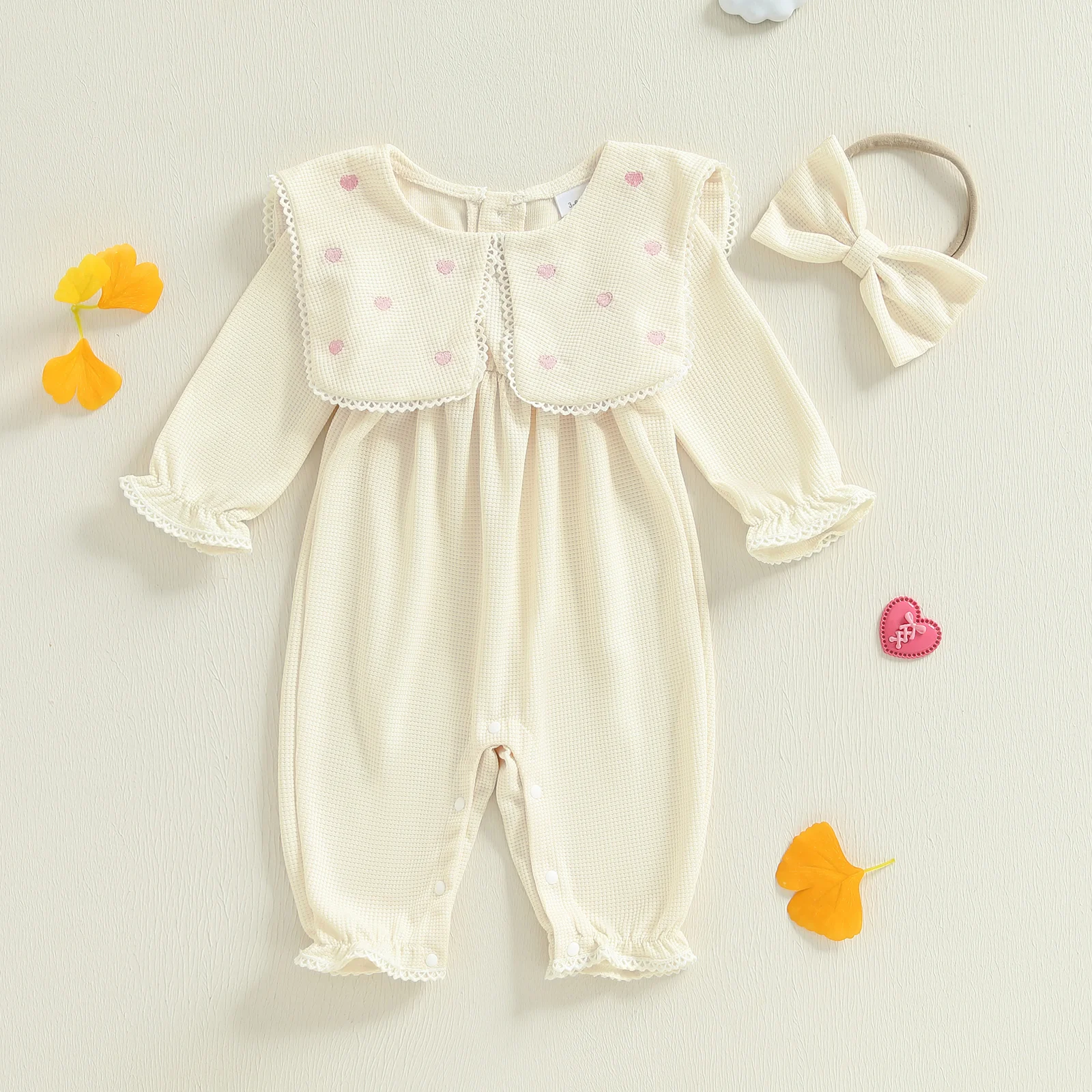 SUNSIOM Mameluco de burbujas para niñas, mono de manga larga con cuello de muñeca bordado de corazón a la moda y diadema - imagen 2