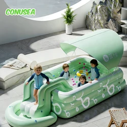 Piscina hinchable con tobogán y sombrilla de jardín