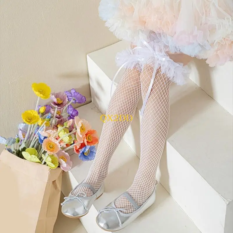 QX2D Calcetines dulces encaje delicado para niños con precioso ribete lazo hasta pantorrilla - imagen 2