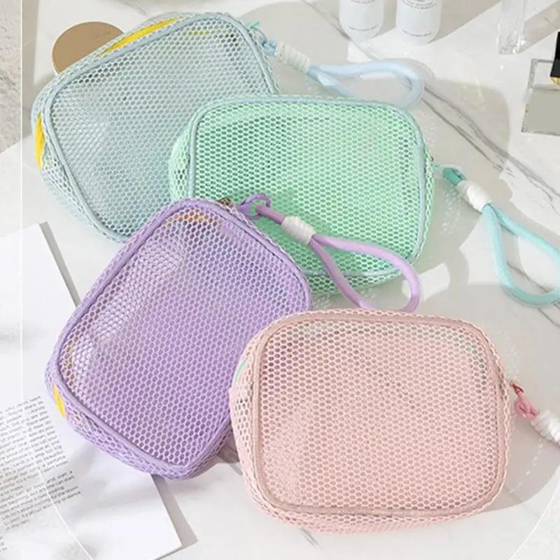 Bolsa de maquillaje de viaje portátil, Mini bolsa de almacenamiento de rejilla, bolsa de almacenamiento de cosméticos transpirable, tamaño compacto, un solo Color