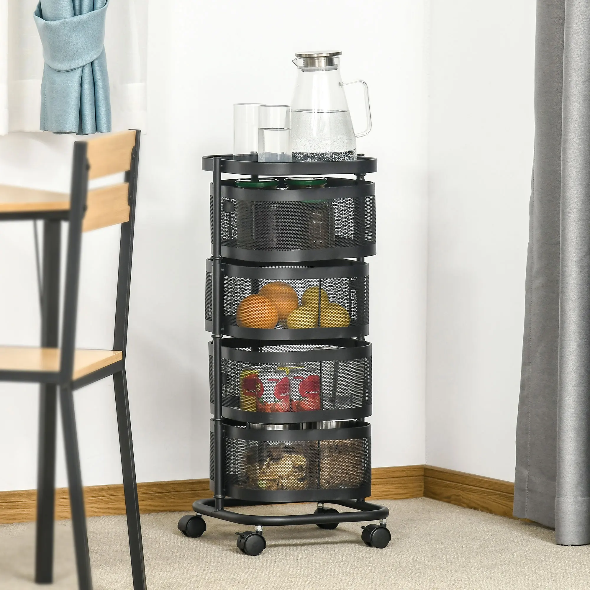 HOMCOM Carrito Auxiliar con Ruedas de 5 Niveles, Carrito de Cocina con 4 Cestas de Almacenamiento Giratorias 270° y Bandeja Superior, para Frutas, Verduras, Utensilios, 33x33x77 cm, Negro