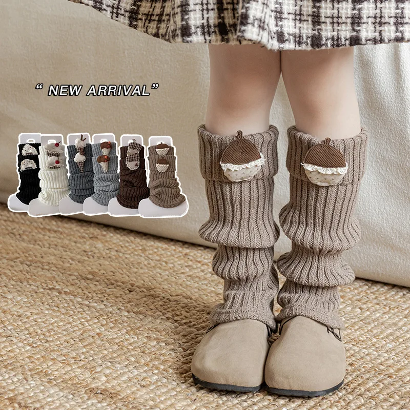 1 par de calentadores de piernas para niñas, calcetines tejidos, mallas de estilo europeo, bonito patrón de dibujos animados, calcetines hasta la rodilla para niños pequeños, calentadores de piernas